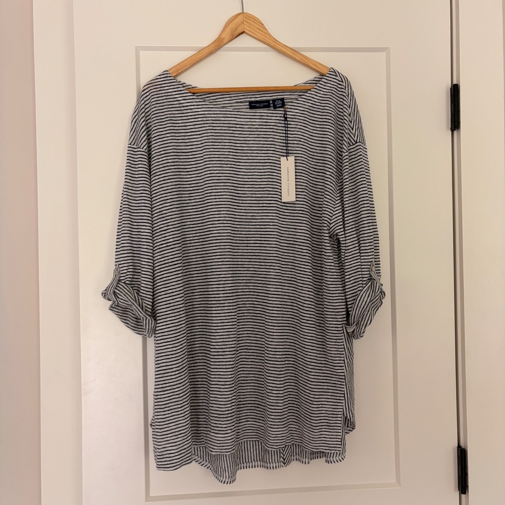 Adrienne Vittadini 100% Linen Striped 2X Top Hi-Lo Coastal Resortwear Casual NWT